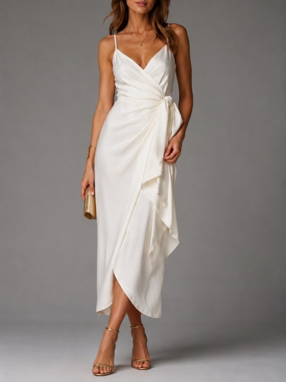 Diane von Furstenberg Avila Satin Crepe Wrap Midi Dress Ivory Womens 12